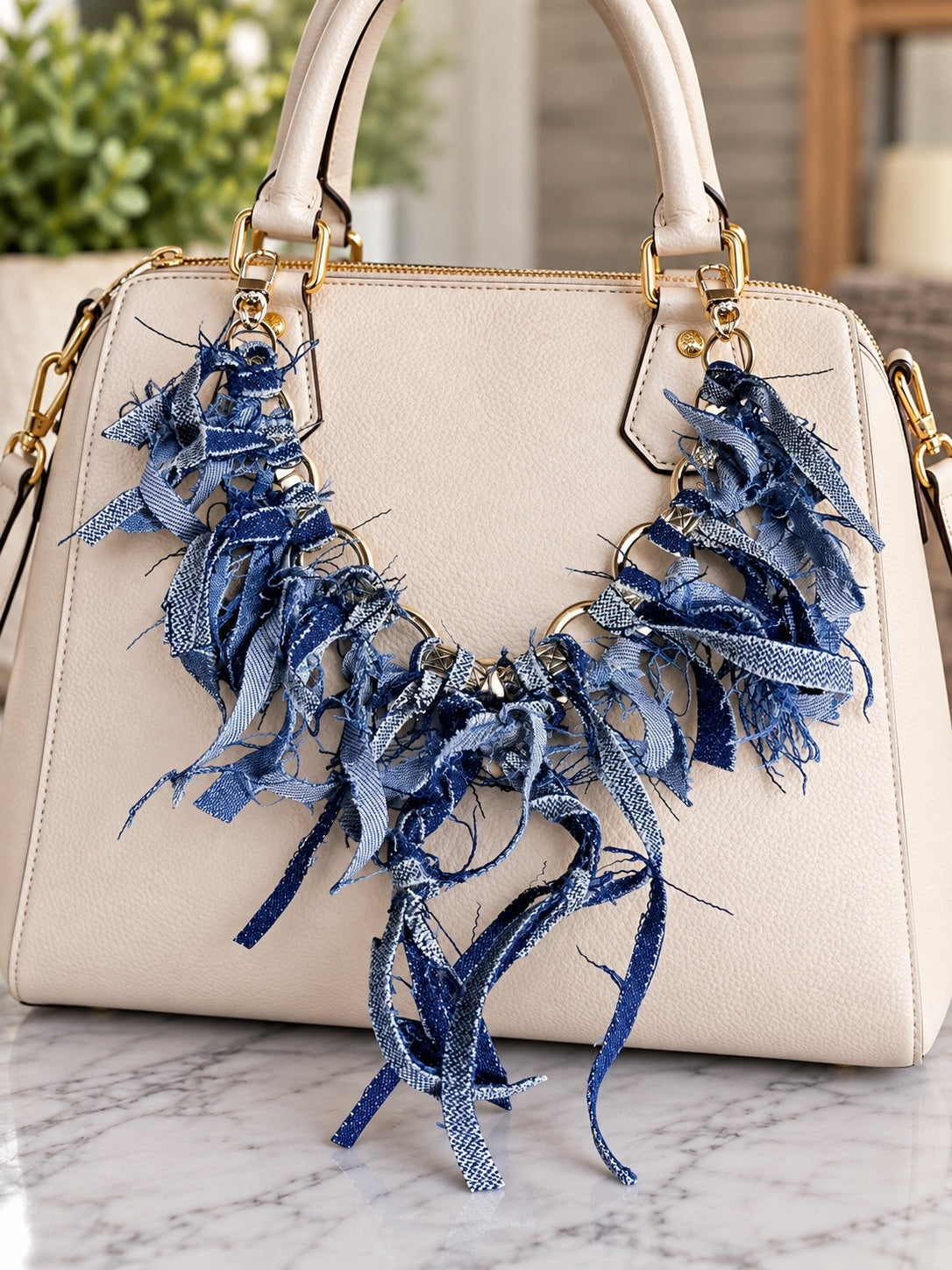 Boho Denim Bag Chain Charm Blue denim Fringe Purse Accessory 13” [COPY]