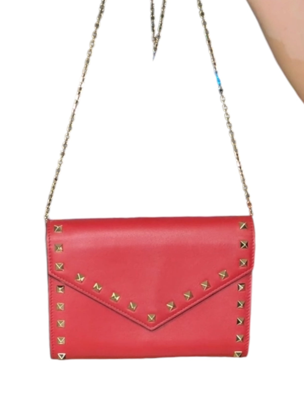 Valentino Garavani Rockstud Red Leather Crossbody Bag with Gold Chain