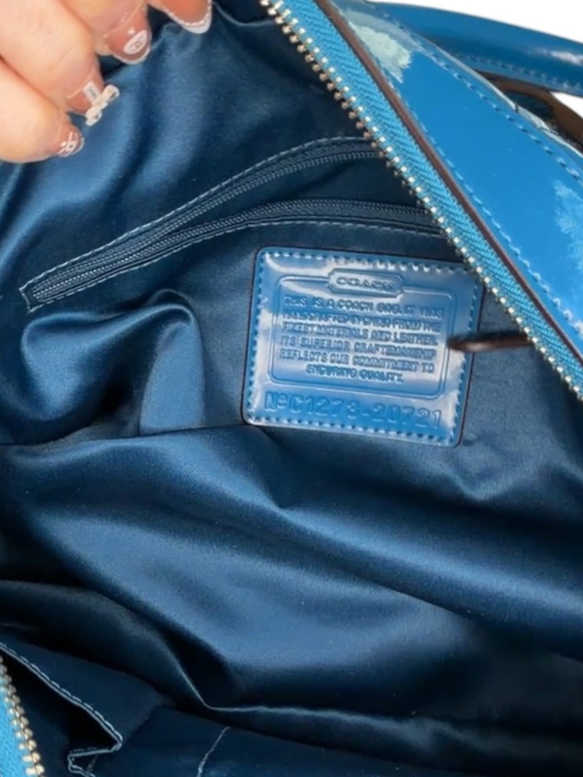 Coach Blue Quilted Patent Leather Satchel Bag with Chain Strap