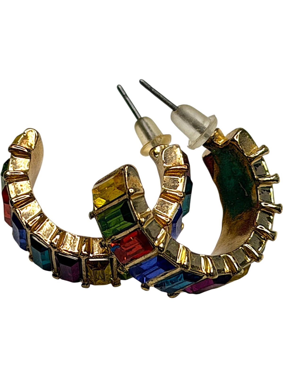 Rainbow Multicolor Baguette Rhinestone Gold Tone Hoop Earrings Statement Jewelry