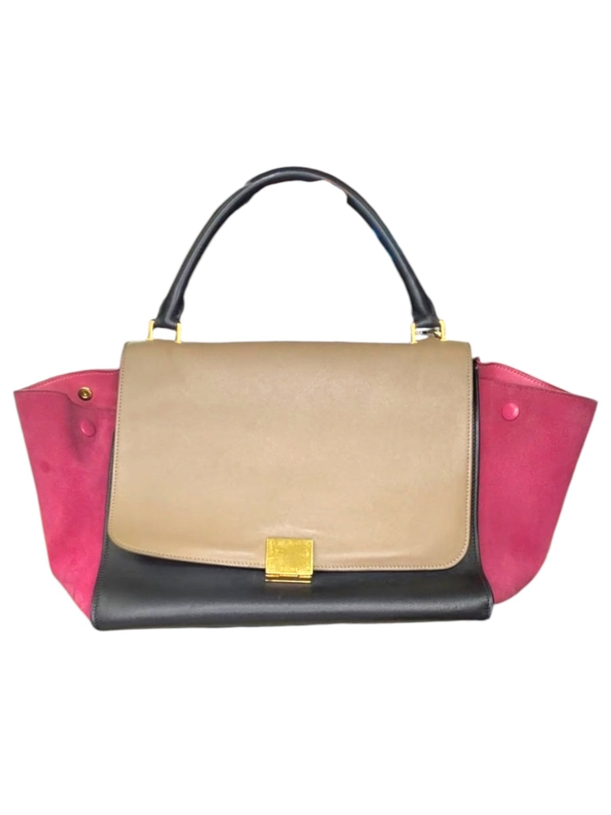 Celine Trapeze Medium Tricolor Leather & Suede Satchel Bag Black Taupe
