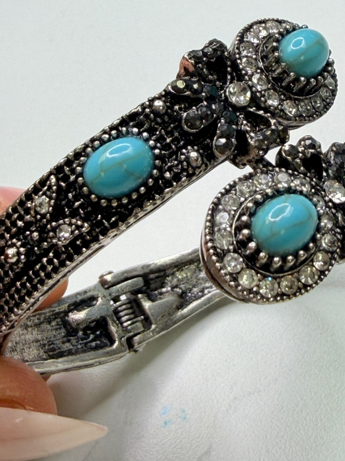 Vintage Style Silver Tone Bracelet with Turquoise and Crystal Accents