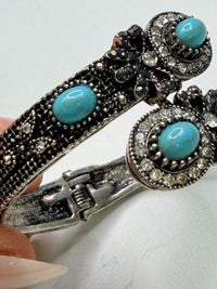 Vintage Style Silver Tone Bracelet with Turquoise and Crystal Accents