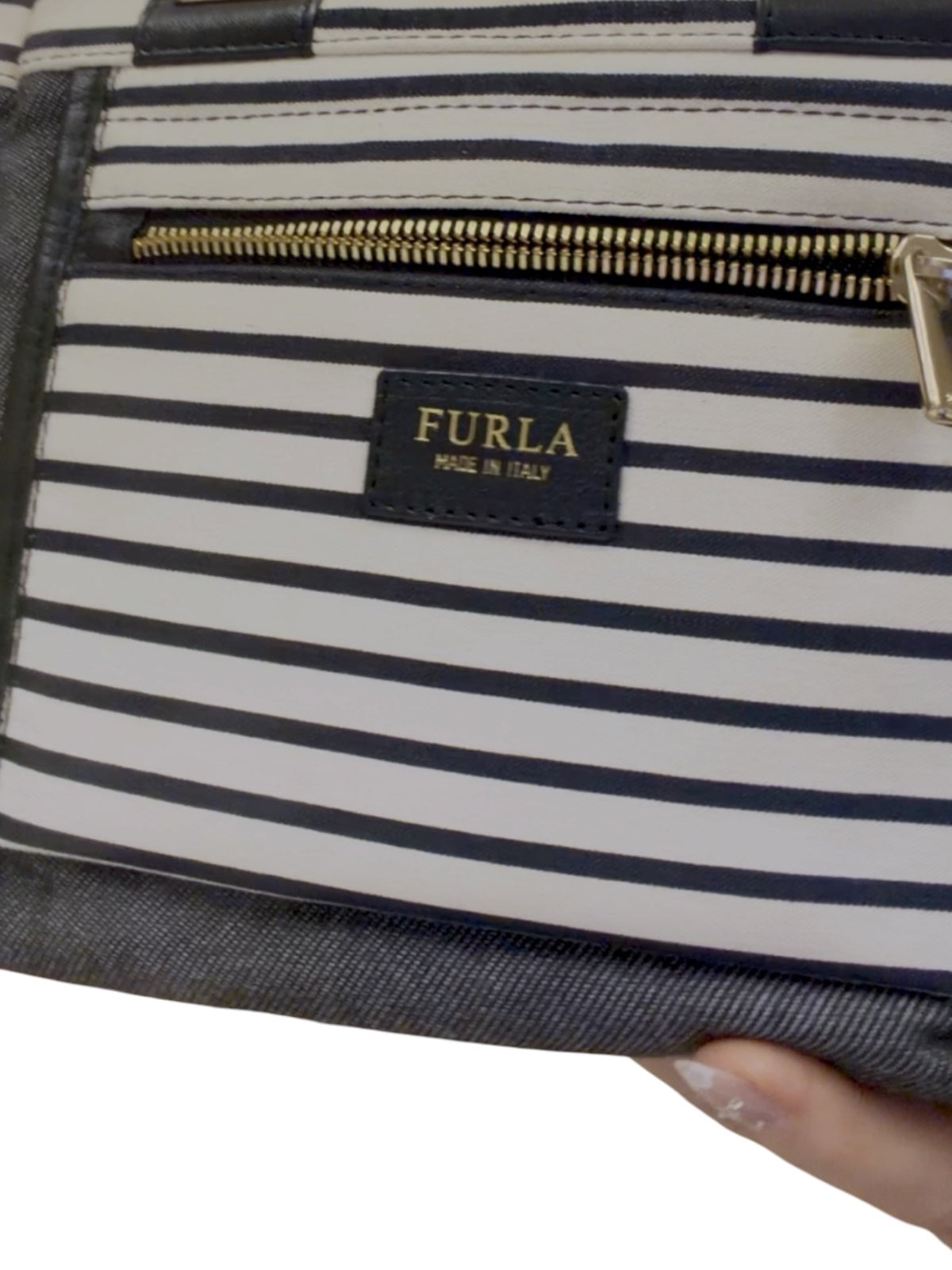 Furla Denim and Striped Canvas Tote Bag with Leather Handles