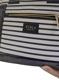 Furla Denim and Striped Canvas Tote Bag with Leather Handles