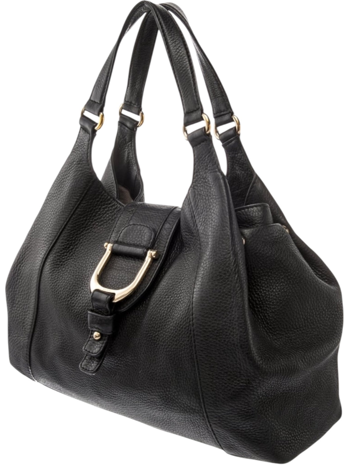 GUCCI Abbey Greenwich Black Pebbled Leather Shoulder Bag with Gold Buckle