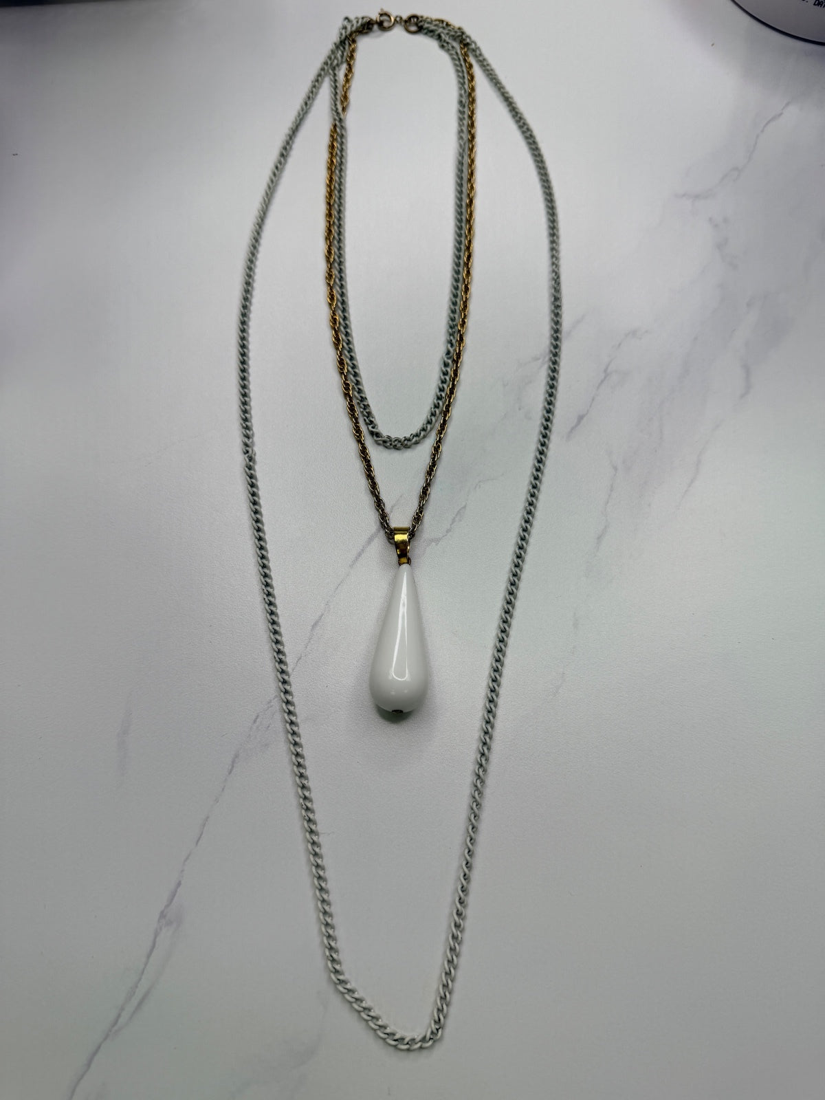 Double Chain Necklace with White Teardrop Pendant