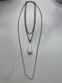 Double Chain Necklace with White Teardrop Pendant