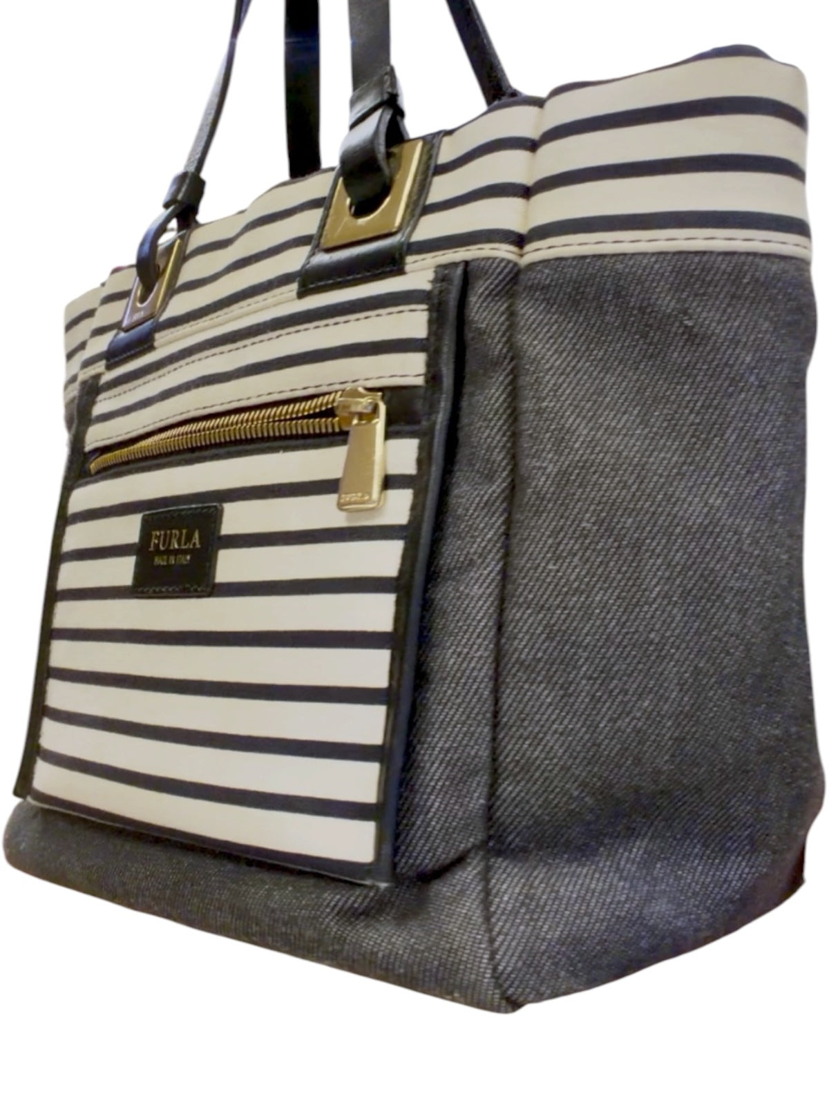 Furla Denim and Striped Canvas Tote Bag with Leather Handles