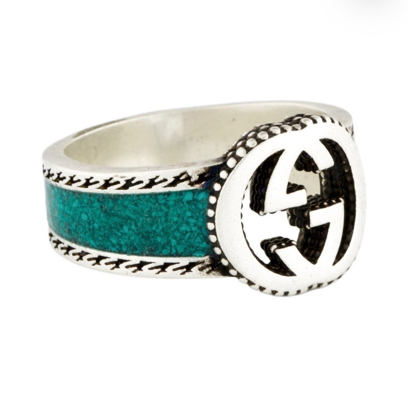 Gucci Interlocking G Ring Sterling Silver Turquoise Enamel Band size 9.25