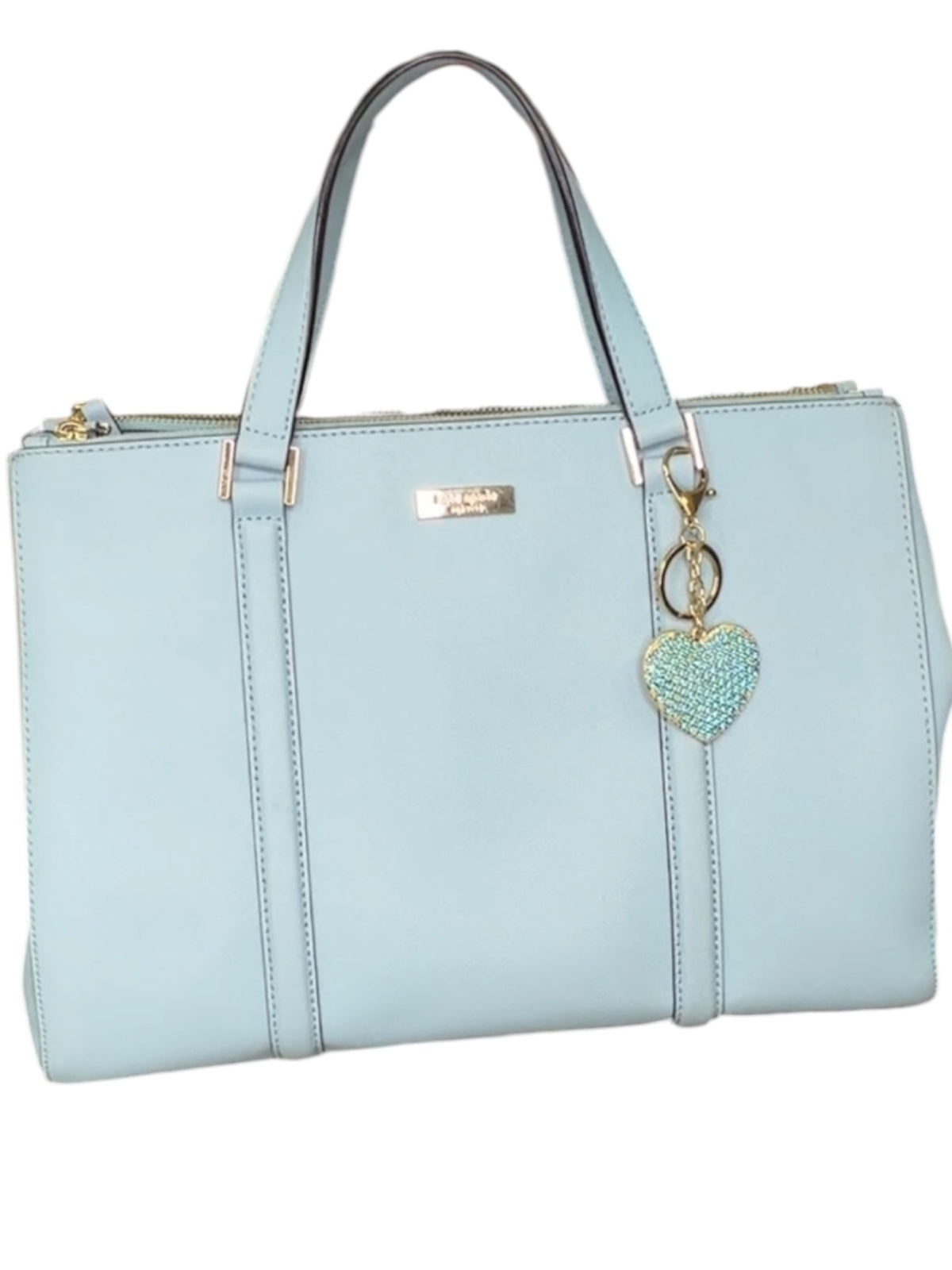 Kate Spade New York Light Blue Leather Satchel Tote Bag with Heart Charm