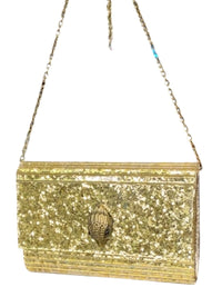 Kurt Geiger London Gold Glitter Acrylic Eagle Head Crossbody Clutch NWOT