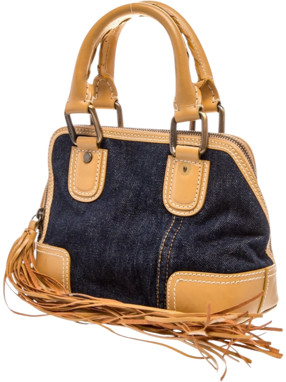 Dolce & Gabbana Blue Denim and Tan Leather Handbag with Leopard Print Lining and Fringe Detail - Very Good Condition