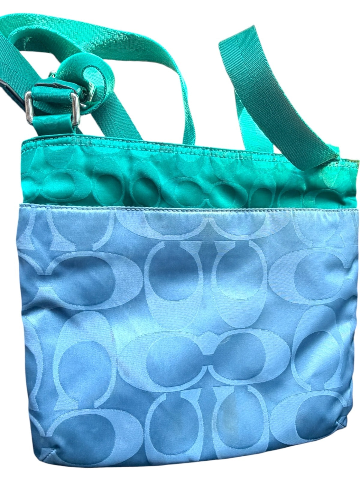 Coach Signature Nylon Swingpack Crossbody Bag Teal Blue Colorblock