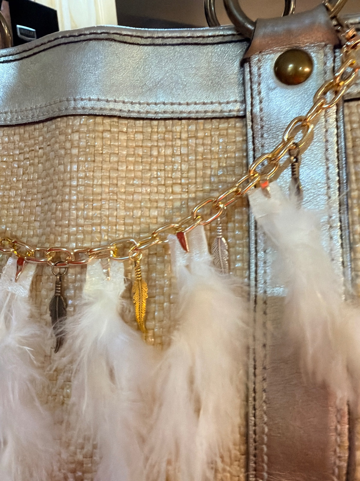 Boho Feather Handbag Purse Charm Chain Gold Tone