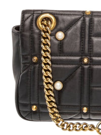 Gucci GG Marmont Quilted Black Leather Shoulder Bag with Pearl and Gold Studs