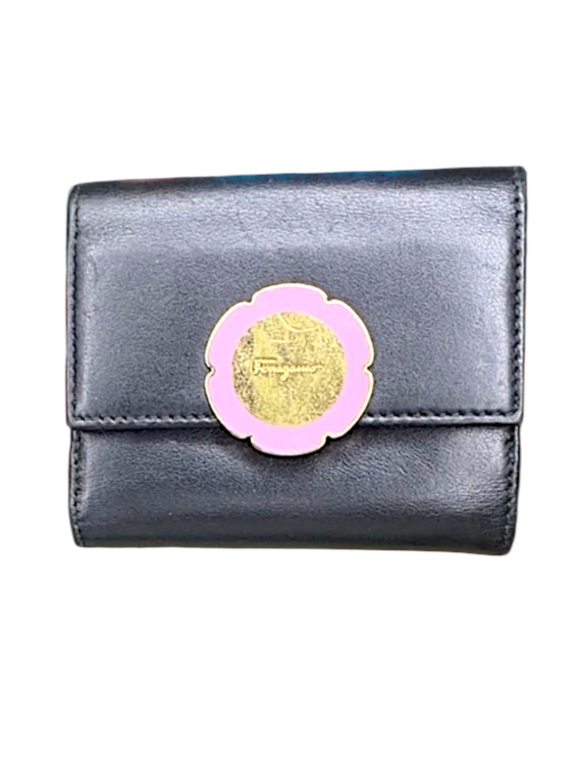 Salvatore Ferragamo Black Leather Wallet with Pink and Gold Flower Accent