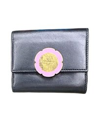 Salvatore Ferragamo Black Leather Wallet with Pink and Gold Flower Accent