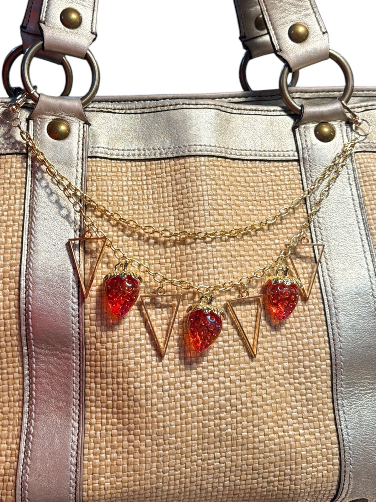 Gold Tone Double-Chain Bag Charm with Red Strawberry and Triangle Charms