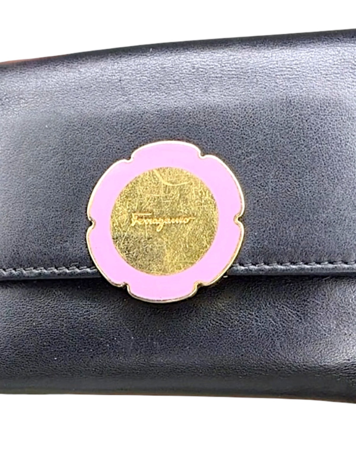 Salvatore Ferragamo Black Leather Wallet with Pink and Gold Flower Accent