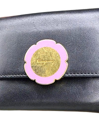 Salvatore Ferragamo Black Leather Wallet with Pink and Gold Flower Accent
