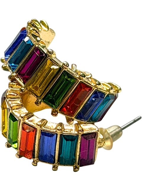 Rainbow Multicolor Baguette Rhinestone Gold Tone Hoop Earrings Statement Jewelry