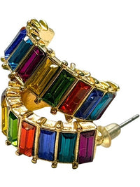 Rainbow Multicolor Baguette Rhinestone Gold Tone Hoop Earrings Statement Jewelry