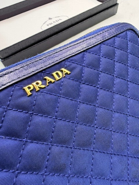 Prada Royal Blue Quilted Nylon Leather Zip Around Continental Wallet