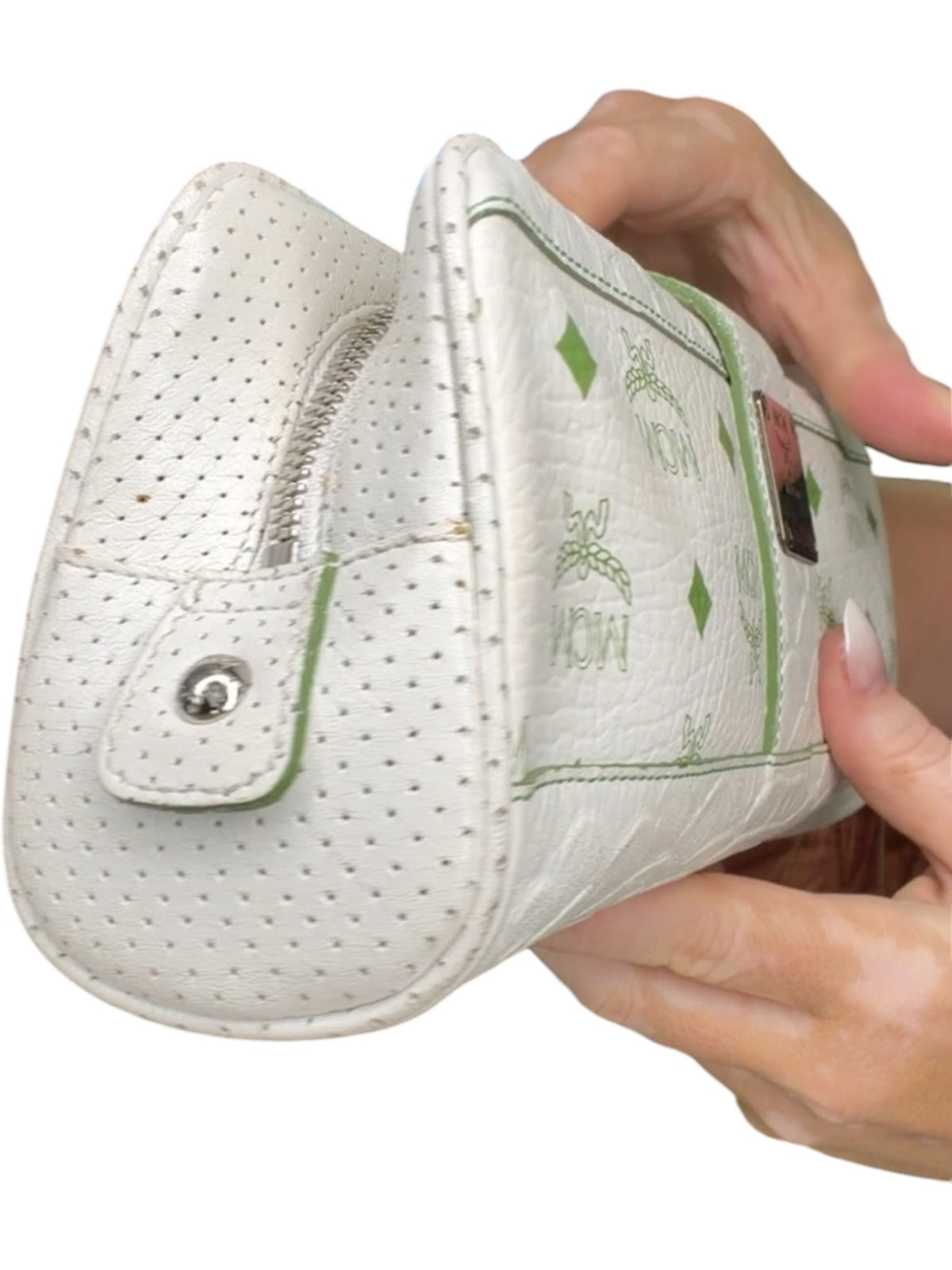 MCM White and Green Leather Clutch Bag