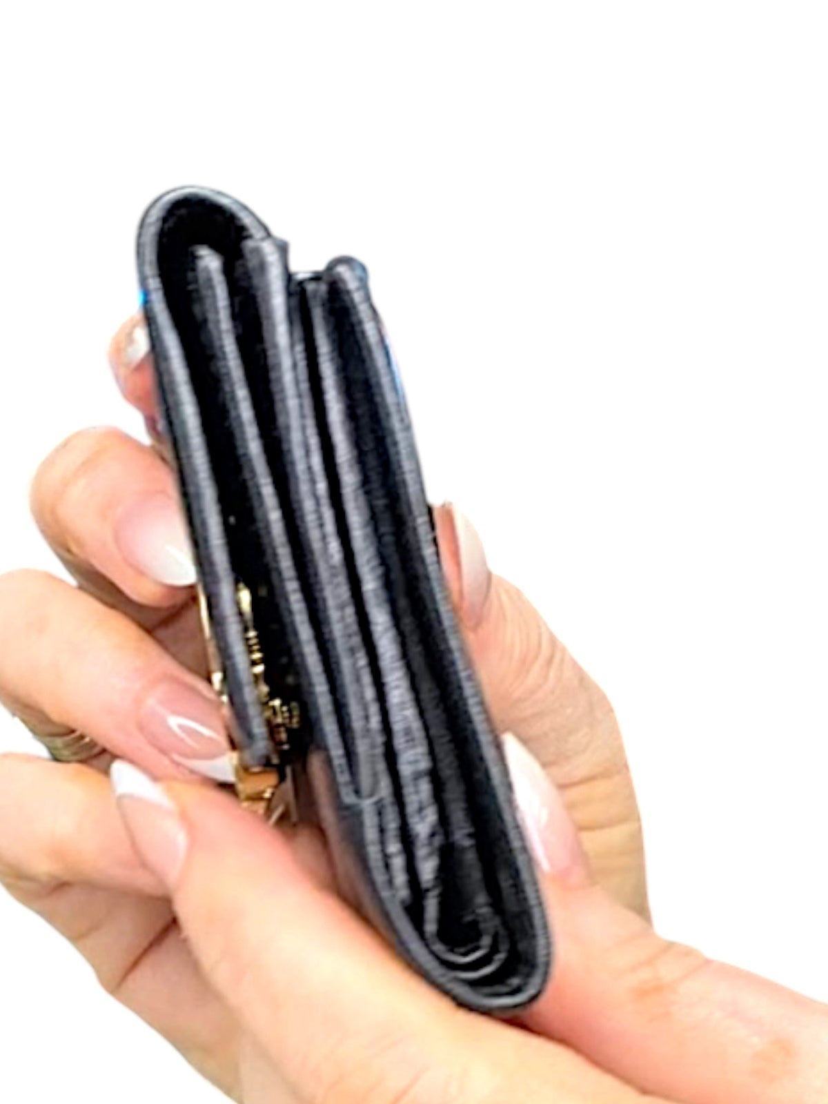 Salvatore Ferragamo Black Leather Wallet with Pink and Gold Flower Accent
