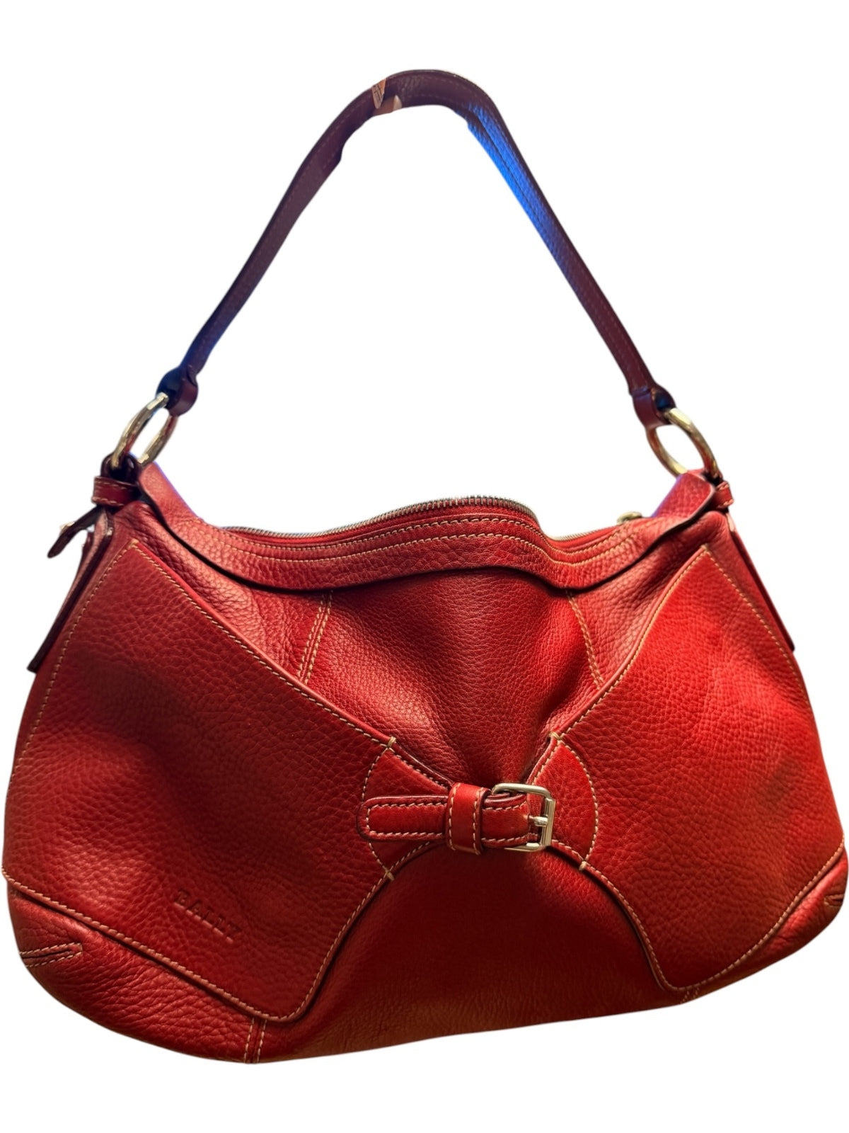 Bally Eris Red Pebbled Leather Hobo Shoulder Bag Made in Italy Buckle Handbag