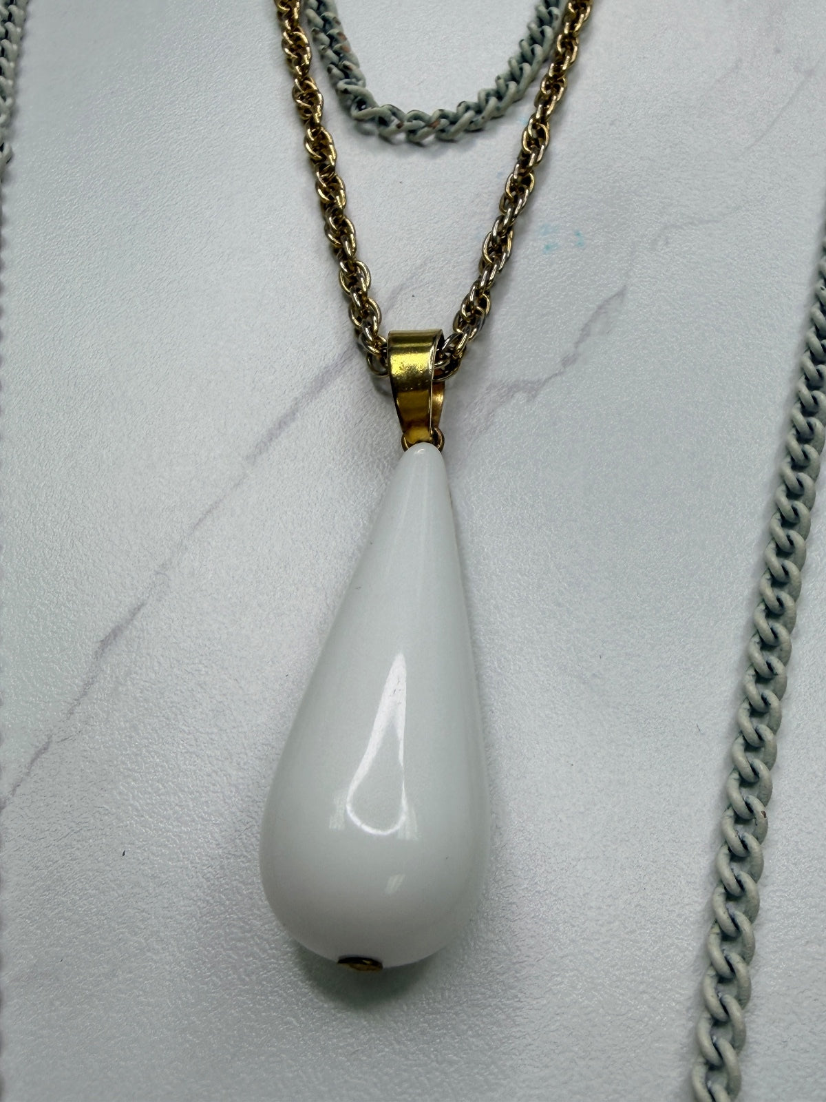 Double Chain Necklace with White Teardrop Pendant