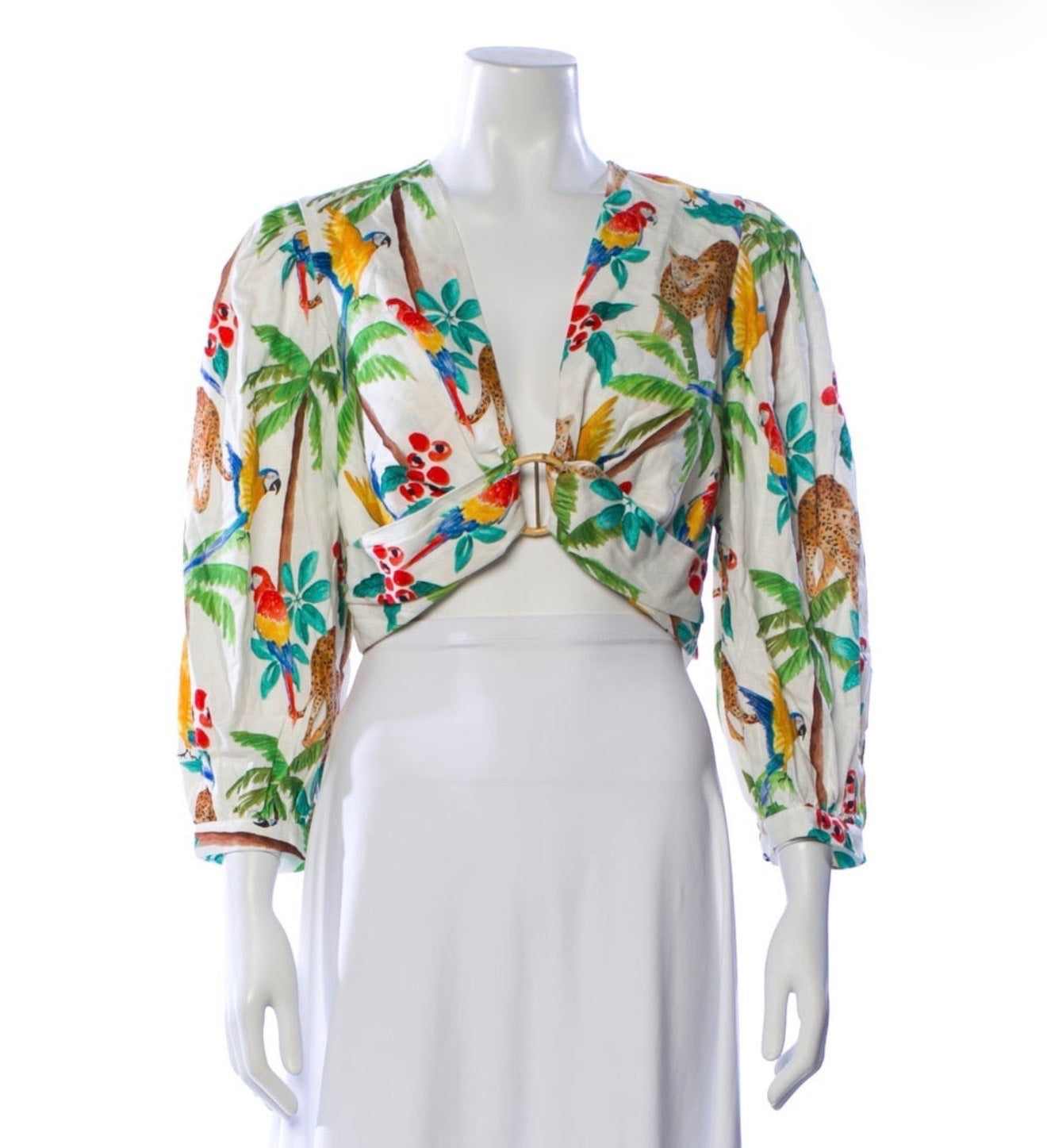 Farm Rio Tropical Print Cropped Blouse with Puff Sleeves and Front Ring Detail,
