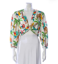 Farm Rio Tropical Print Cropped Blouse with Puff Sleeves and Front Ring Detail,