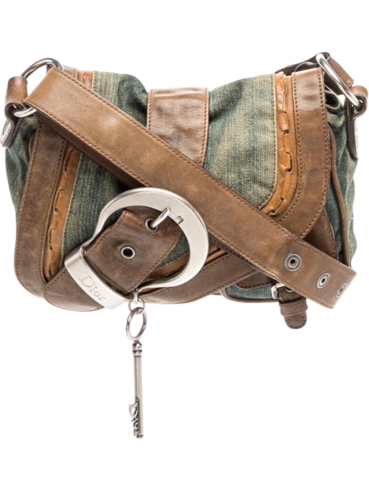 Christian Dior Denim Gaucho Saddle Bag and Brown Leather Crossbody Bag with Key Charm