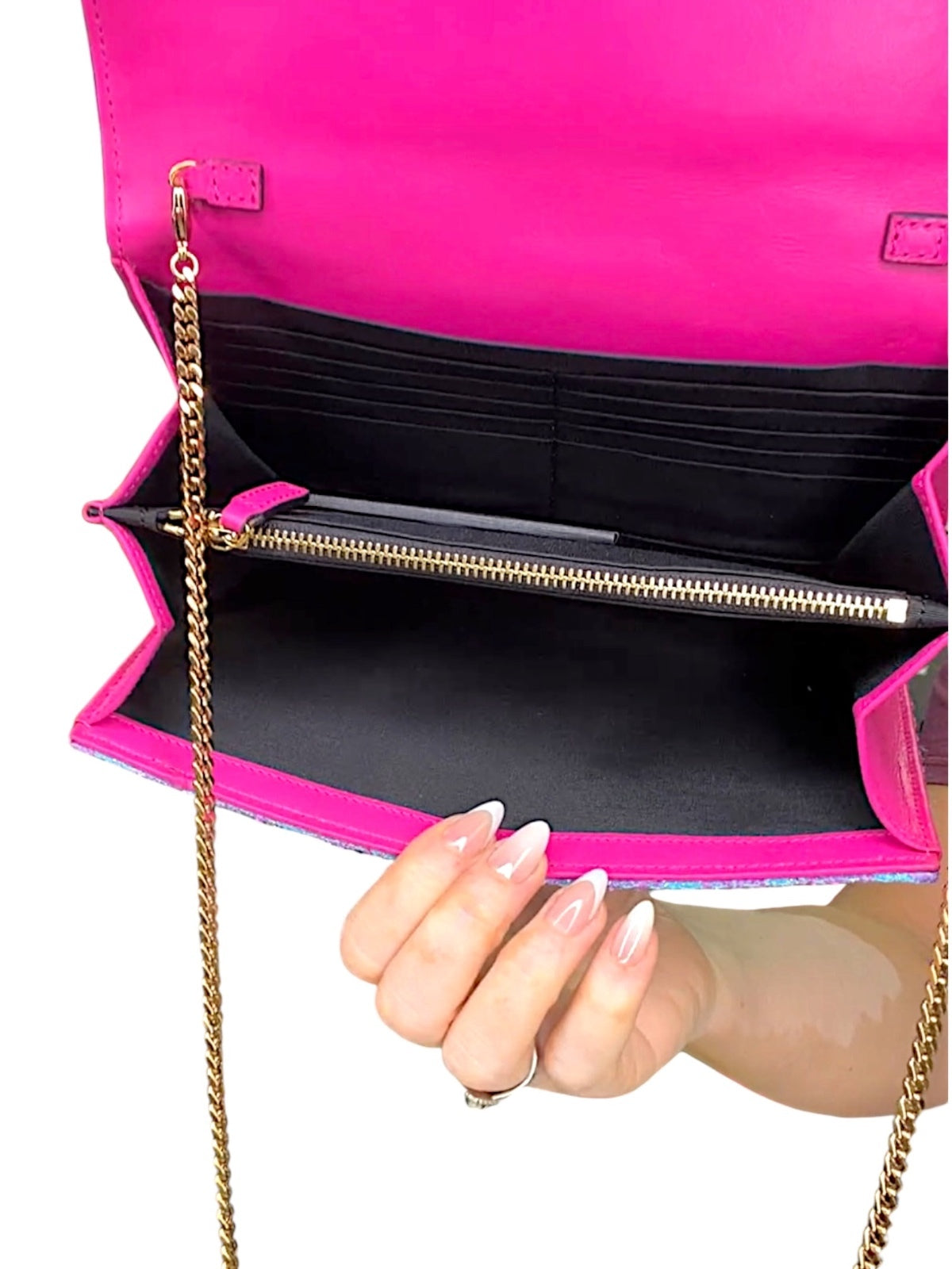 Versace La Medusa Bouclé Quilted Tweed Wallet on Chain Pink Blue Gold Crossbody