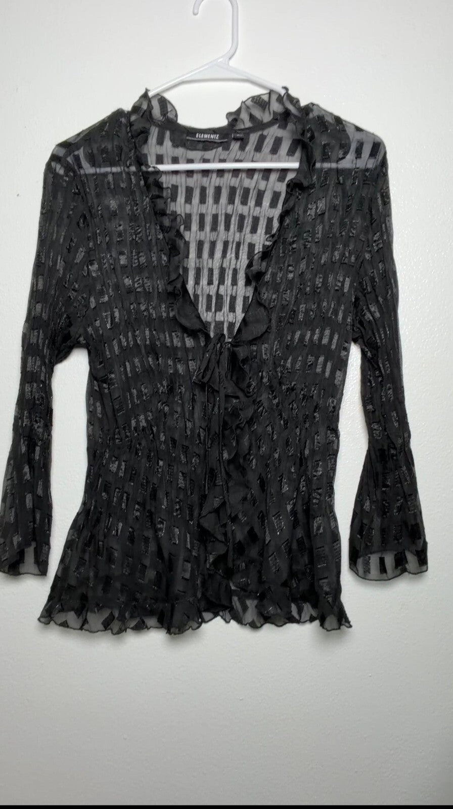 Elementz Black Sheer Textured Ruffle Blouse Size L skuM