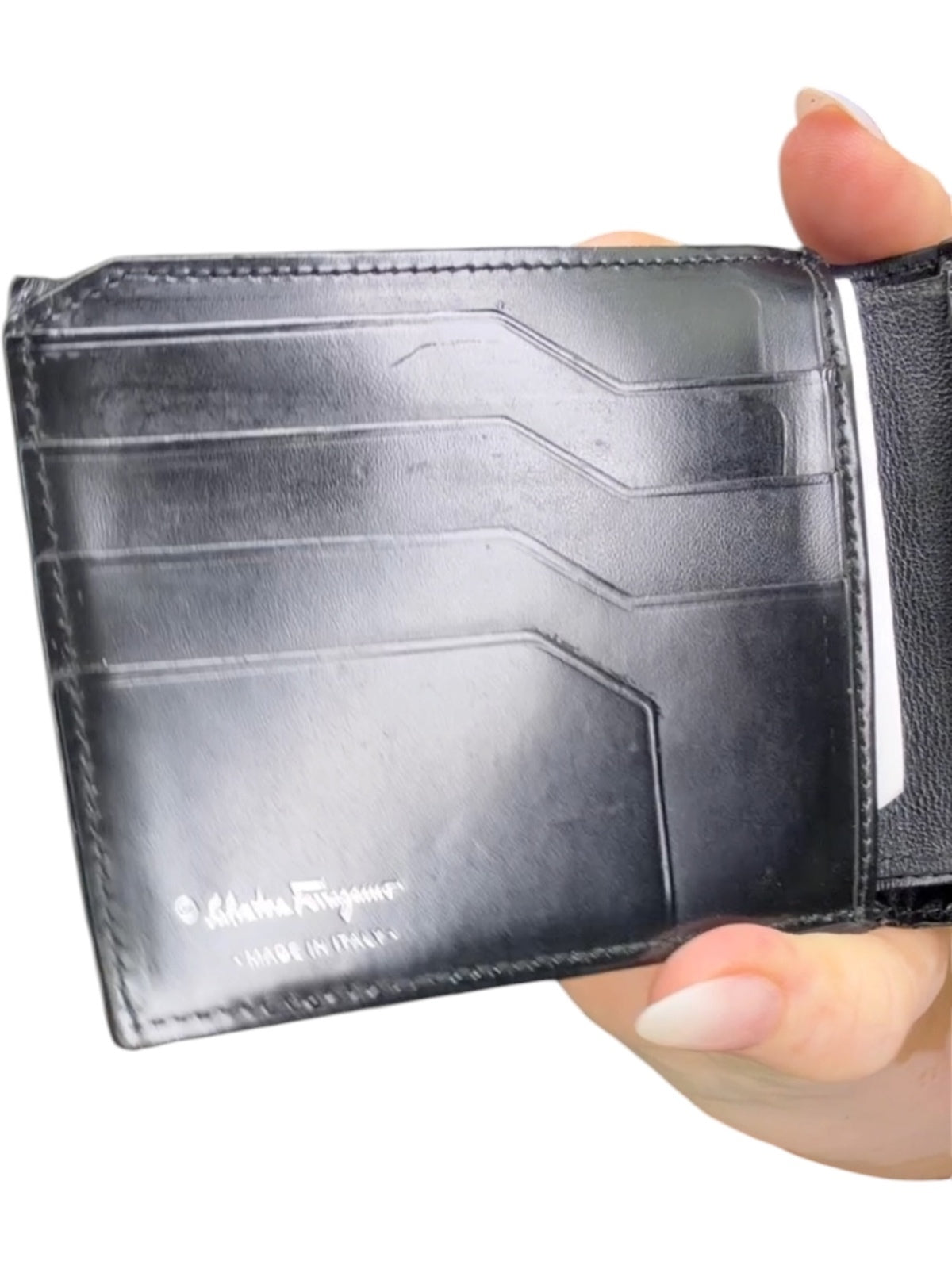 Salvatore Ferragamo Black Leather Bifold Wallet Silver Logo Made in Italy Men’s