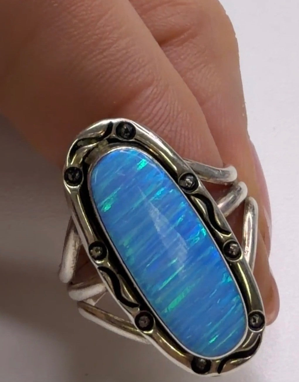 Sterling Silver Blue Opal Statement Ring Oval Cabochon Split Shank Artisan