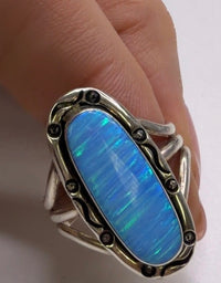 Sterling Silver Blue Opal Statement Ring Oval Cabochon Split Shank Artisan