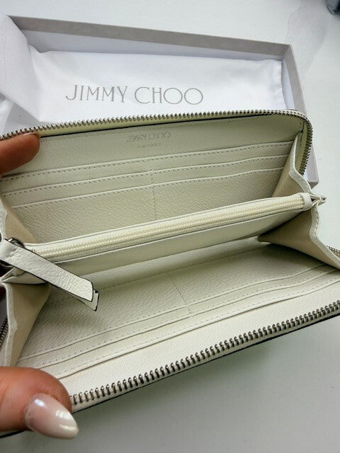Jimmy Choo Bettina Milk White Leather Embossed Zip Wallet full inclusion new