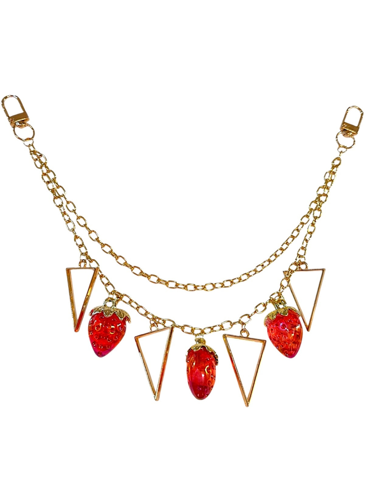 Gold Tone Double-Chain Bag Charm with Red Strawberry and Triangle Charms
