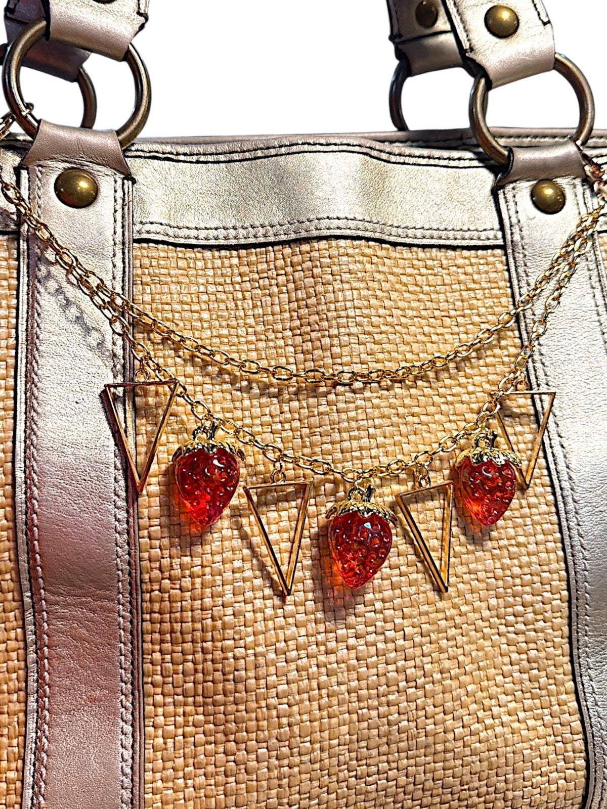Gold Tone Double-Chain Bag Charm with Red Strawberry and Triangle Charms
