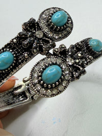 Vintage Style Silver Tone Bracelet with Turquoise and Crystal Accents