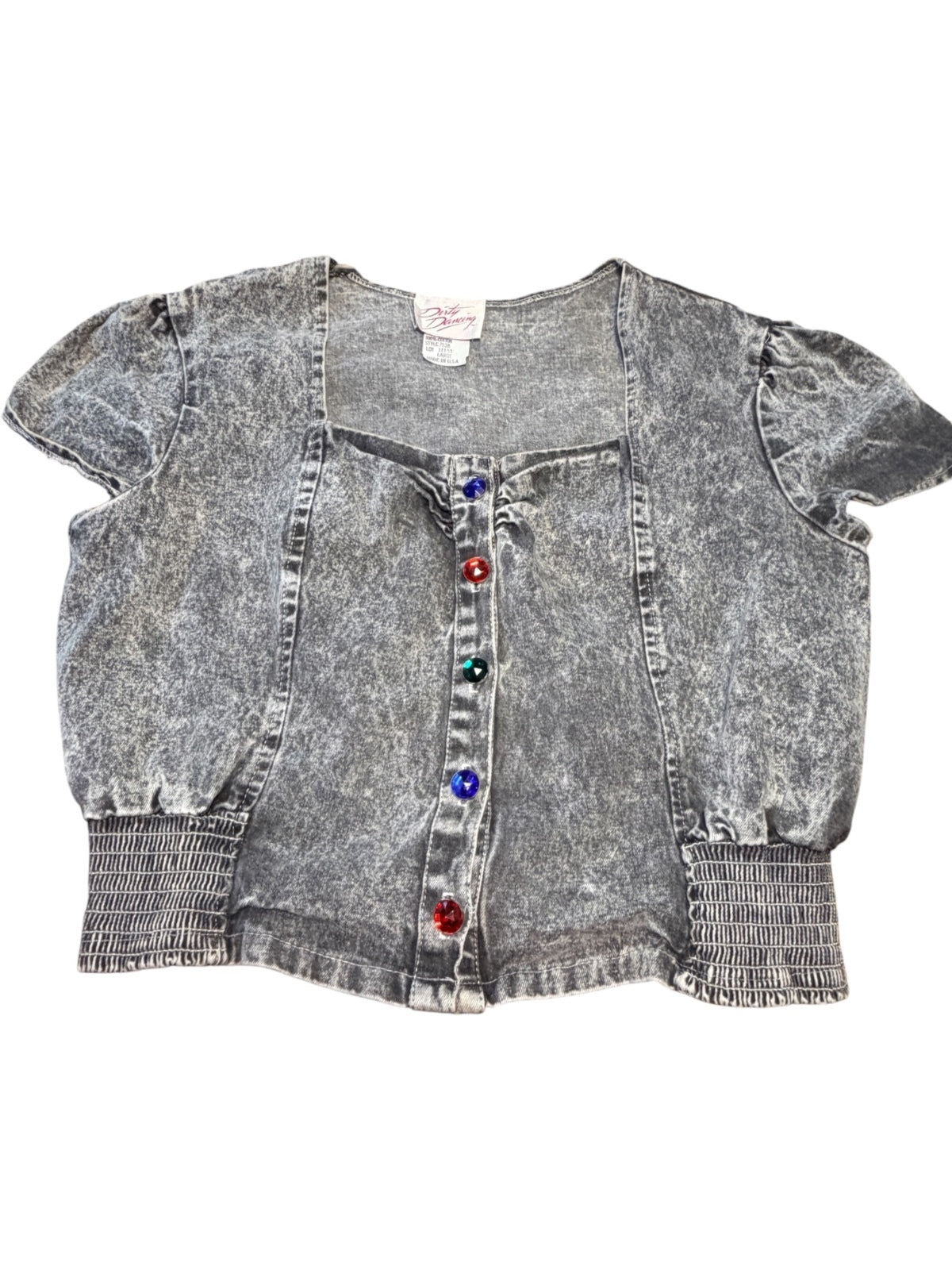 Vintage 80s Dirty Dancing Acid Wash Denim Crop Top Jeweled Buttons Size Large