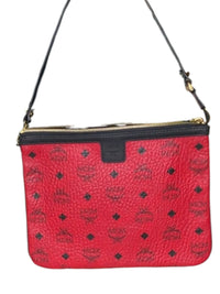 MCM Red Visetos Coated Canvas Zip Wristlet Clutch Pouch Black Trim Gold Hardware