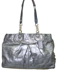 Coach Ashley Embossed Crocodile Leather Tote Shoulder Bag Metallic Pewter Gray