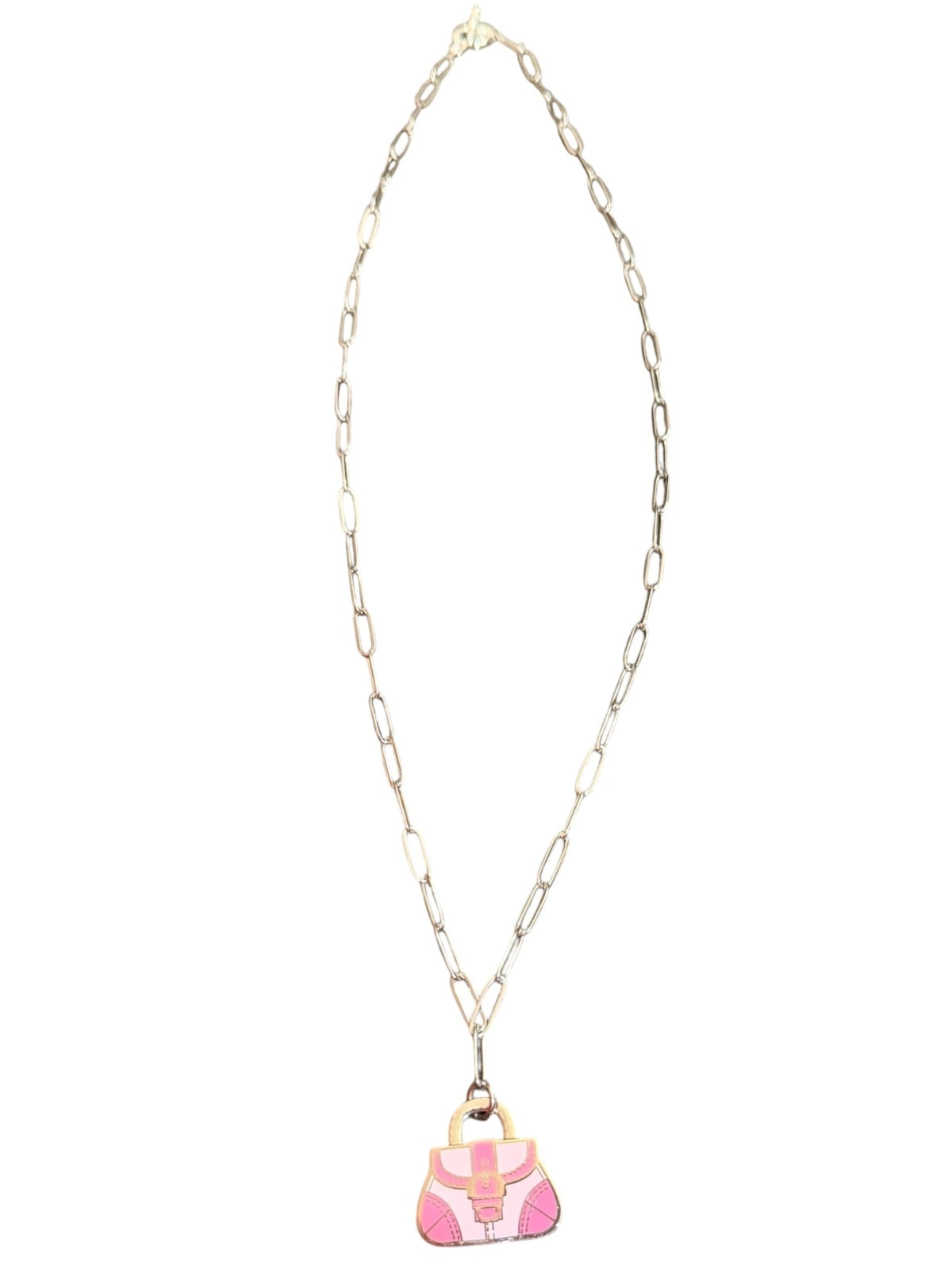 Coach Pink Handbag Charm Necklace Silver tone paperclip Chain toggle closure