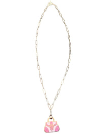 Coach Pink Handbag Charm Necklace Silver tone paperclip Chain toggle closure