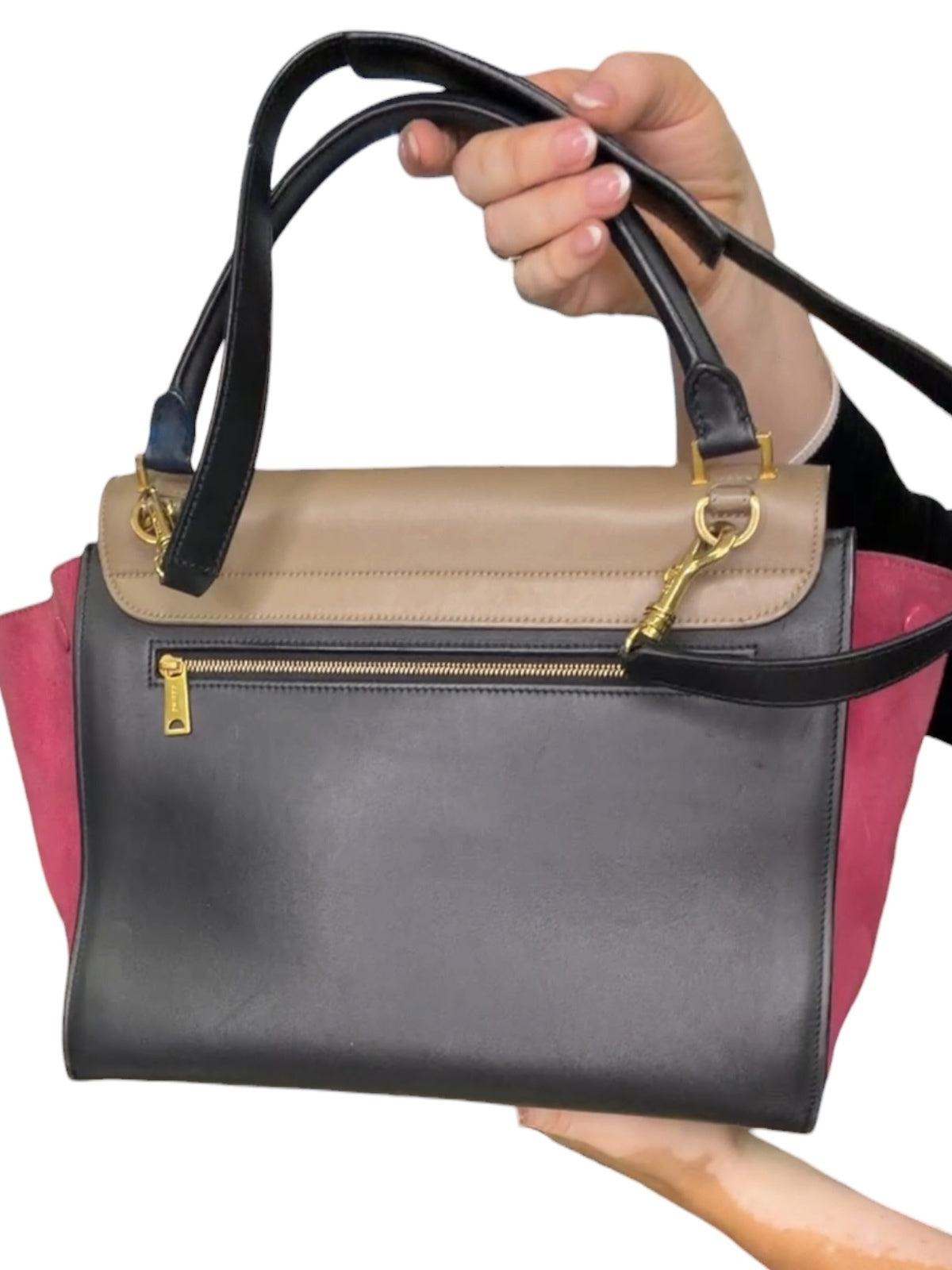 Celine Trapeze Medium Tricolor Leather & Suede Satchel Bag Black Taupe